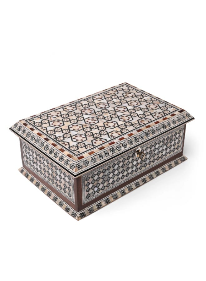 Handmade Handcrafted Extra-Large Rectangular Wooden Jewelry & Keepsake Box Inlaid with Natural Mother of Pearl Mosaic & Geometric Patterns with Lock - Size 28x18x11 cm - Image 1