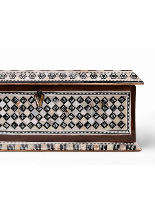Handmade Handcrafted Extra-Large Rectangular Wooden Jewelry & Keepsake Box Inlaid with Natural Mother of Pearl Mosaic & Geometric Patterns with Lock - Size 28x18x11 cm - Image 4