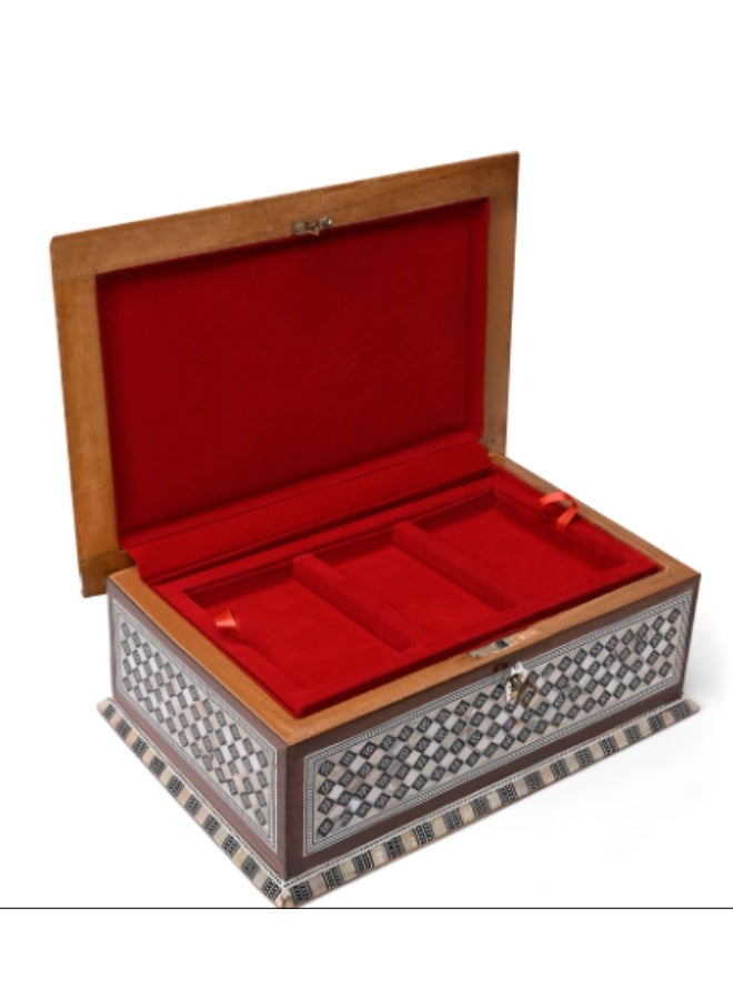Handmade Handcrafted Extra-Large Rectangular Wooden Jewelry & Keepsake Box Inlaid with Natural Mother of Pearl Mosaic & Geometric Patterns with Lock - Size 28x18x11 cm - Image 2