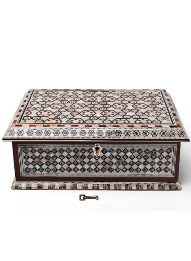 Handmade Handcrafted Extra-Large Rectangular Wooden Jewelry & Keepsake Box Inlaid with Natural Mother of Pearl Mosaic & Geometric Patterns with Lock - Size 28x18x11 cm - Image 3