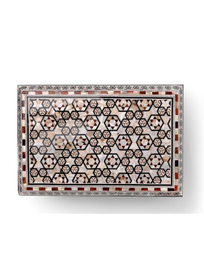 Handmade Handcrafted Extra-Large Rectangular Wooden Jewelry & Keepsake Box Inlaid with Natural Mother of Pearl Mosaic & Geometric Patterns with Lock - Size 28x18x11 cm - Image 5