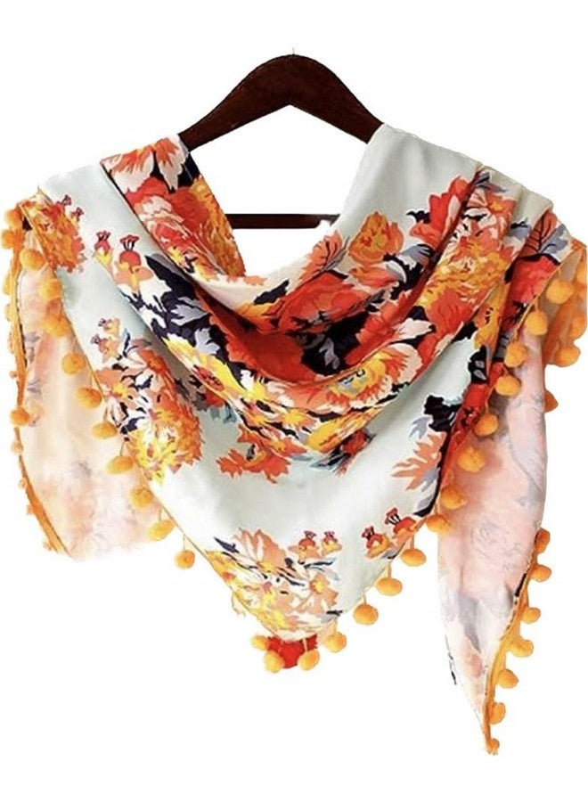 VINSON Women's Fashionable Polycotton Printed Triangle Scarfs with Pom Pom Lace(Multicolor) - Image 1