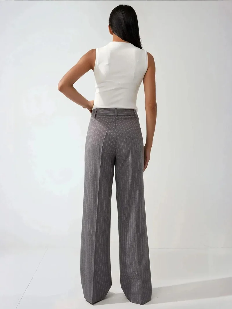 Hiccup Grey Pleated Striped Straight Leg Pants for Women | Best Price UAE