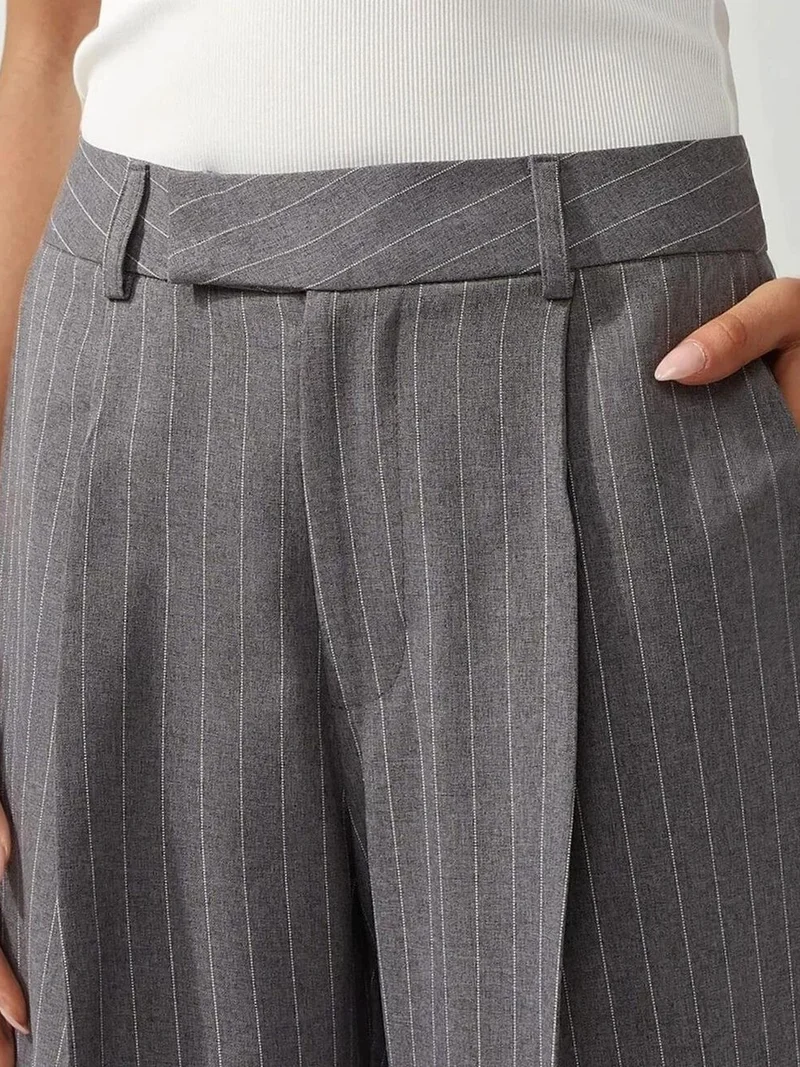 Hiccup Grey Pleated Striped Straight Leg Pants for Women | Best Price UAE