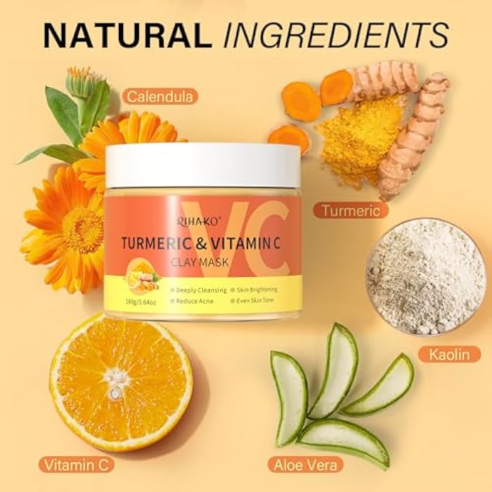 RIHAKO Stocking Stuffers for Women Turmeric Vitamin C Clay Mask| Deep Cleansing Facial Clay Mask for Dark Spots, Dull Skin, Refining Pores and Controlling Oil,Dark Spot Remover for Face,Face Masks Skincare - Image 2