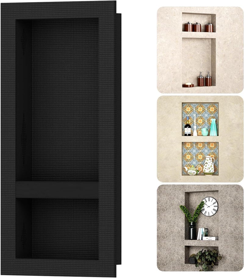 BWE Black Shower Niche Insert Tile Ready 16" X 32" Rectangle for Shower Wall Prefabricated Waterproof Double Shelves Recessed Niche for Shower Bathroom Storage - Image 1