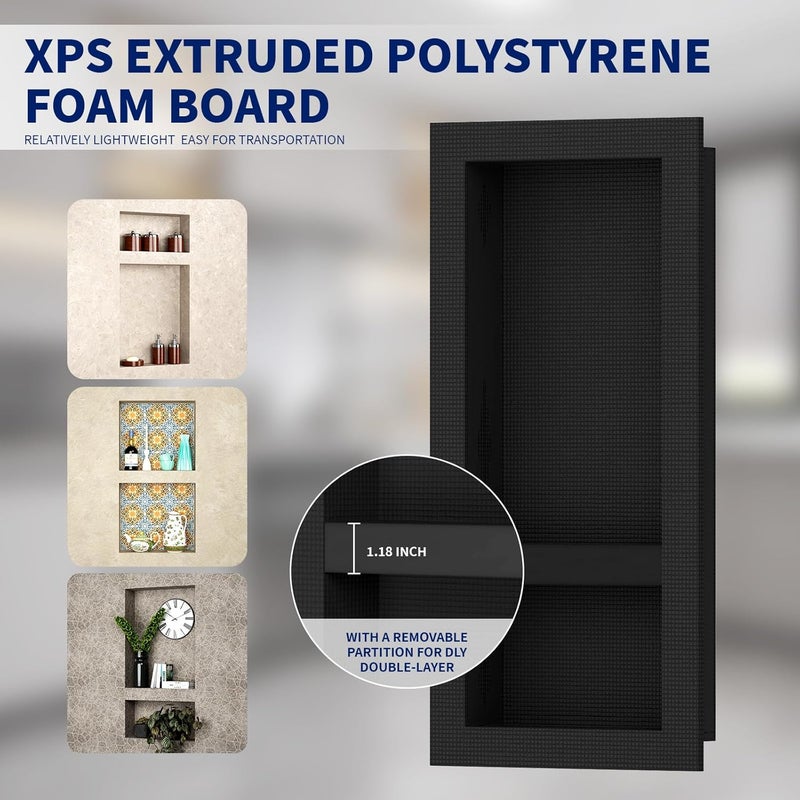 BWE Black Shower Niche Insert Tile Ready 16" X 32" Rectangle for Shower Wall Prefabricated Waterproof Double Shelves Recessed Niche for Shower Bathroom Storage - Image 5