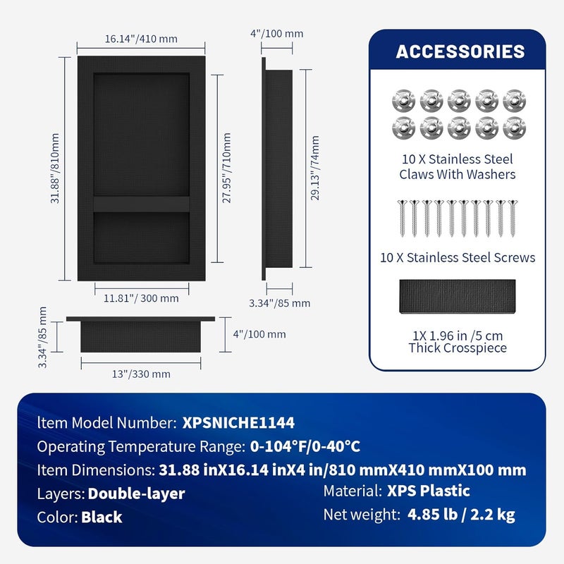 BWE Black Shower Niche Insert Tile Ready 16" X 32" Rectangle for Shower Wall Prefabricated Waterproof Double Shelves Recessed Niche for Shower Bathroom Storage - Image 2