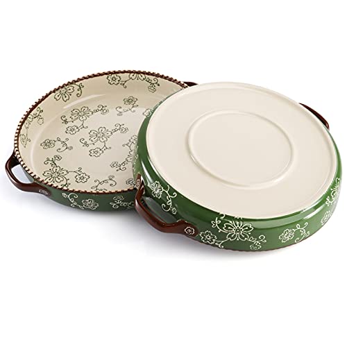 AVLA 2 Pack Ceramic Pie Pan, 9 Inch Round Baking Dish with Double Handle, 28 Ounce Deep Quiche Plate for Kitchen, Cooking, Roasting Lasagna (Sakura, Green) - Image 4