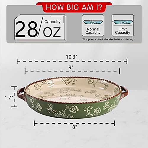 AVLA 2 Pack Ceramic Pie Pan, 9 Inch Round Baking Dish with Double Handle, 28 Ounce Deep Quiche Plate for Kitchen, Cooking, Roasting Lasagna (Sakura, Green) - Image 2
