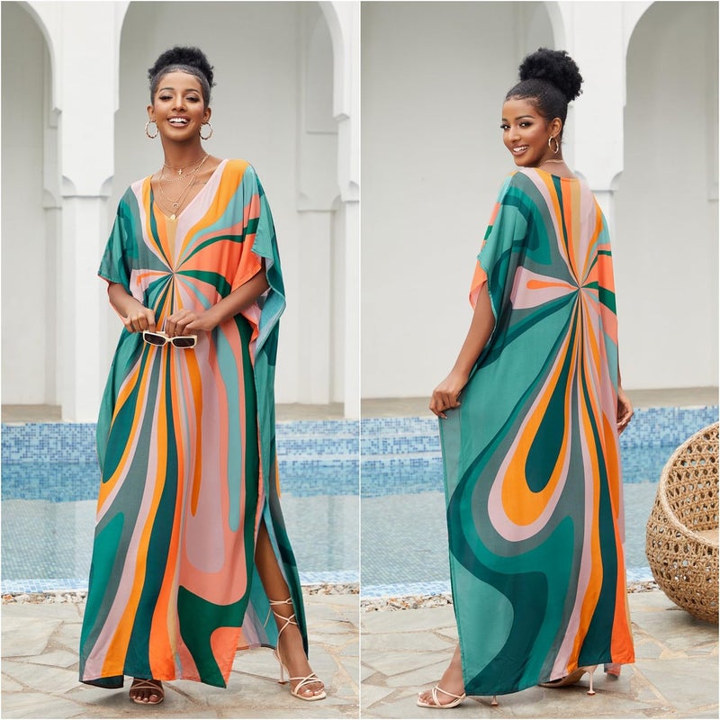 Lziizl Kaftan Dresses for Women Plus Size Bathing Suit Cover up Batwing Sleeve Caftan Maxi Beach Dress - Image 3