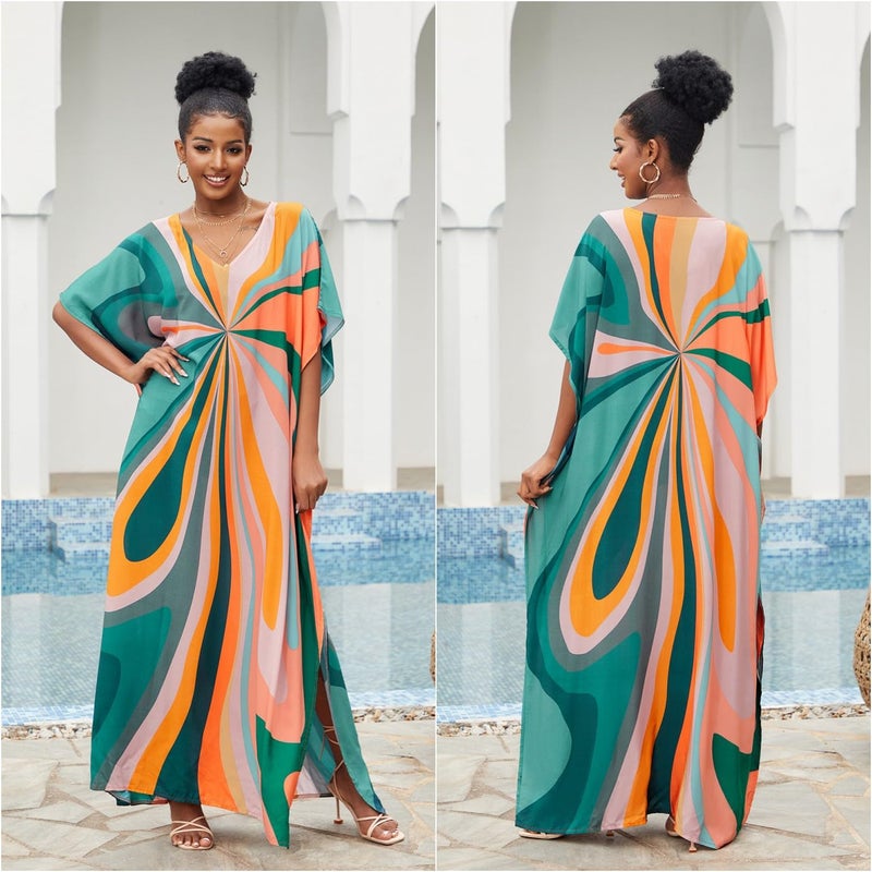 Lziizl Kaftan Dresses for Women Plus Size Bathing Suit Cover up Batwing Sleeve Caftan Maxi Beach Dress - Image 4