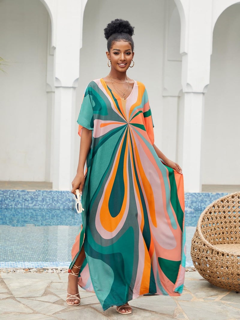 Lziizl Kaftan Dresses for Women Plus Size Bathing Suit Cover up Batwing Sleeve Caftan Maxi Beach Dress - Image 2