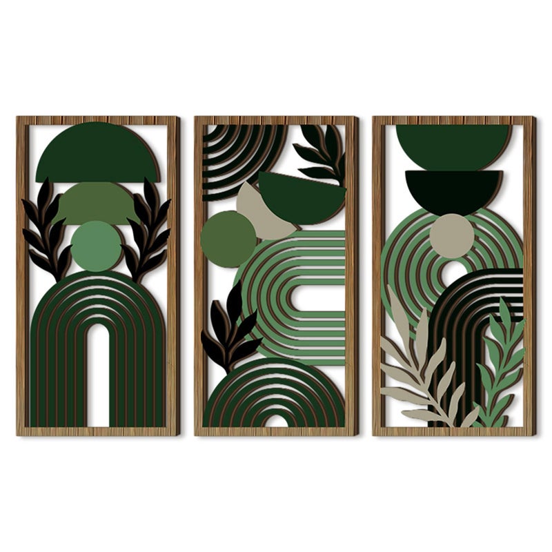 LB Modern Geometric Wall Art Set of 3, Boho Abstract Mid Century Wall Decor Wooden Framed, Green Striped Black Leaf Hanging Decoration for Living Room Bedroom Home Office, 11.8 x 5.9 inches - Image 1