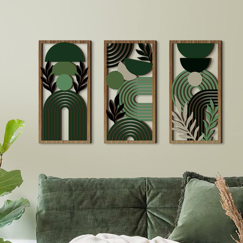 LB Modern Geometric Wall Art Set of 3, Boho Abstract Mid Century Wall Decor Wooden Framed, Green Striped Black Leaf Hanging Decoration for Living Room Bedroom Home Office, 11.8 x 5.9 inches - Image 5