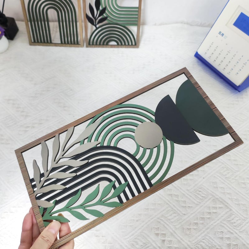 LB Modern Geometric Wall Art Set of 3, Boho Abstract Mid Century Wall Decor Wooden Framed, Green Striped Black Leaf Hanging Decoration for Living Room Bedroom Home Office, 11.8 x 5.9 inches - Image 3
