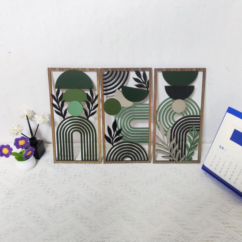 LB Modern Geometric Wall Art Set of 3, Boho Abstract Mid Century Wall Decor Wooden Framed, Green Striped Black Leaf Hanging Decoration for Living Room Bedroom Home Office, 11.8 x 5.9 inches - Image 2