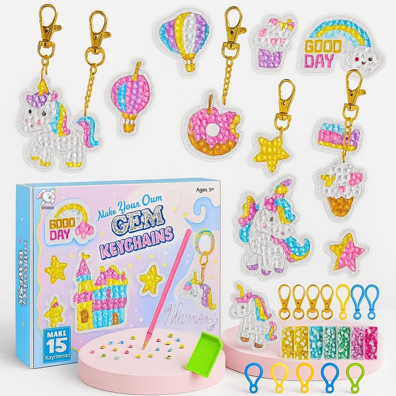 Storio طقم مفاتيح جواهر افعلها بنفسك للفتيات | اصنع مفاتيحك الخاصة مع ملصقات الجواهر | لعبة فنية وحرفية ممتعة للأطفال | هدية للفتيات من عمر 5 سنوات فما فوق - Image 1