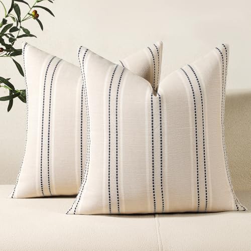 Hckot Throw Pillow Covers 16x16 Set of 2 Striped Pillow Covers Textured Linen Decorative Pillows Square Cushion Covers for Sofa Couch Bed Living Room Farmhouse Decor - Image 1