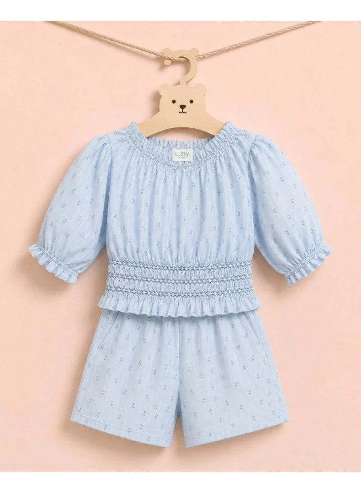 Luay  LUAY Girls Slub Cotton Top & Shorts Co-Ord Set | Puff Sleeve Smocked Two-Piece Outfit | Soft Breathable Casual Summer Clothing for Girls for Women | Best Price UAE