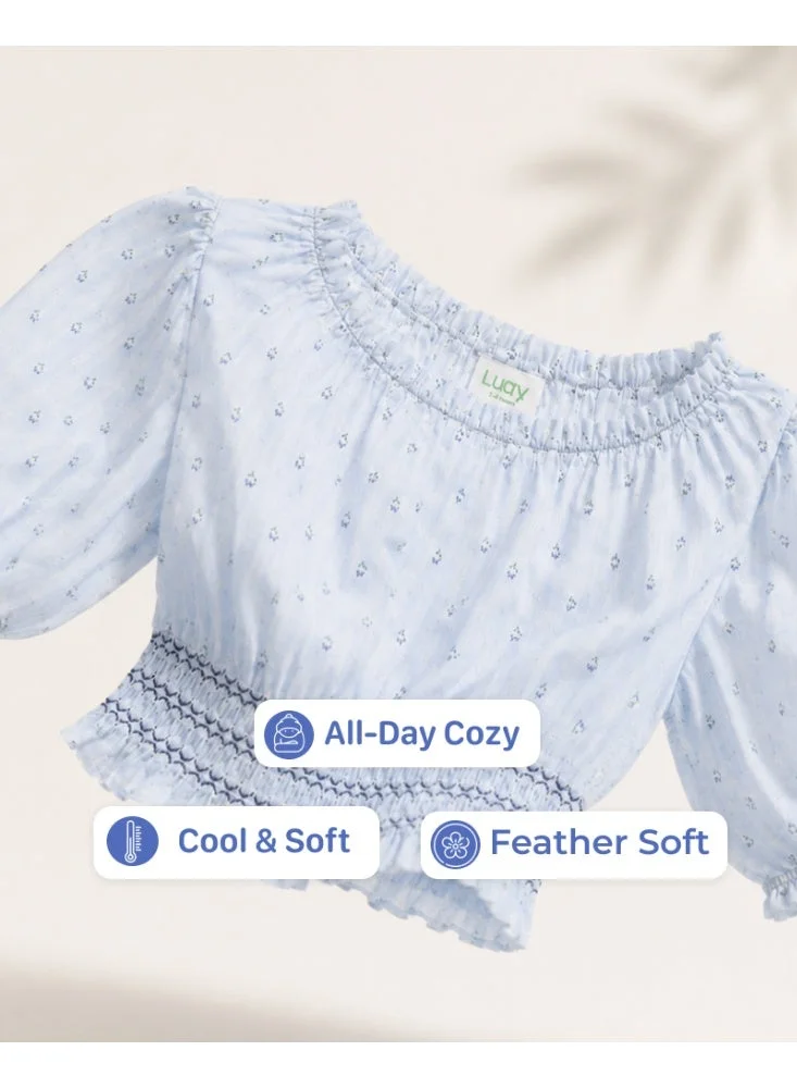 Luay  LUAY Girls Slub Cotton Top & Shorts Co-Ord Set | Puff Sleeve Smocked Two-Piece Outfit | Soft Breathable Casual Summer Clothing for Girls for Women | Best Price UAE