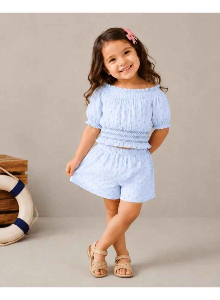 Luay LUAY Girls Slub Cotton Top & Shorts Co-Ord Set | Puff Sleeve Smocked Two-Piece Outfit | Soft Breathable Casual Summer Clothing for Girls