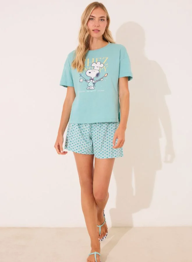 women'secret 100% Cotton Snoopy Green Short Pyjamas