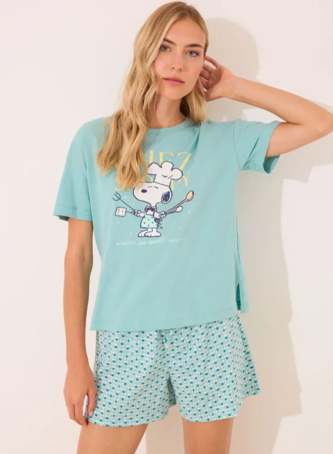 women'secret 100% Cotton Snoopy Green Short Pyjamas
