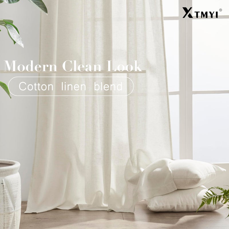 XTMYI Linen Curtains 96 Inch Long 2 Panel Set, Cream Sheer Pleated Curtain for Living Room, Modern Farmhouse Curtains for Dining Room Bedroom, Ivory Colored - Image 3