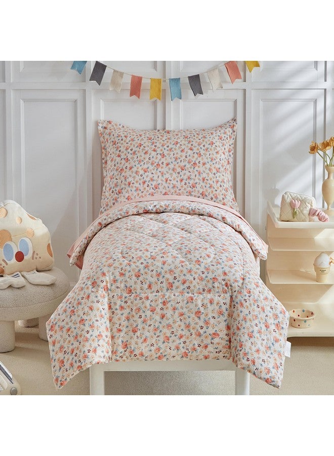 DuShow Toddler Bedding Set for Girls,4 Pieces Floral Toddler Girl Comforter Set,Super Soft Reversible Toddler Sheet Set,Lightweight Crib Bed Set -Pink - Image 1