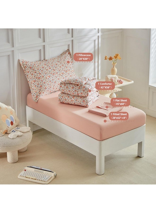 DuShow Toddler Bedding Set for Girls,4 Pieces Floral Toddler Girl Comforter Set,Super Soft Reversible Toddler Sheet Set,Lightweight Crib Bed Set -Pink - Image 4