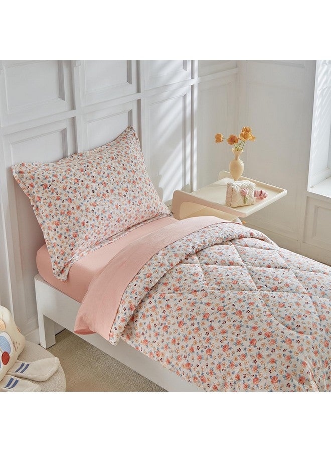 DuShow Toddler Bedding Set for Girls,4 Pieces Floral Toddler Girl Comforter Set,Super Soft Reversible Toddler Sheet Set,Lightweight Crib Bed Set -Pink - Image 2