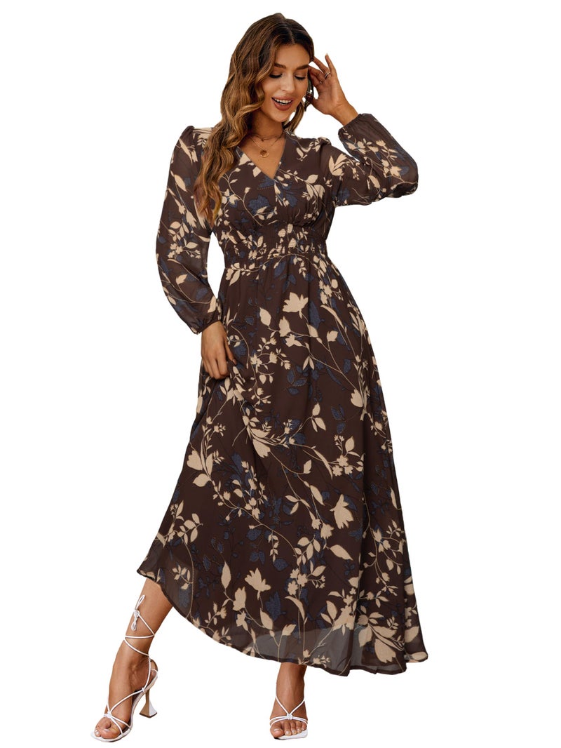 Simplee Apparel Simplee Womens Boho Floral Maxi Dress V Neck Long Sleeve Wedding Guest Dress Flowy Holiday Empire Waist Long Dresses (Small Brown) - Image 1