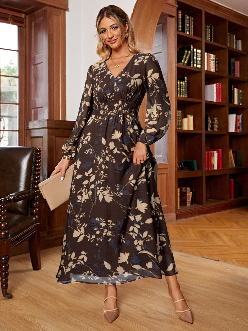 Simplee Apparel Simplee Womens Boho Floral Maxi Dress V Neck Long Sleeve Wedding Guest Dress Flowy Holiday Empire Waist Long Dresses (Small Brown) - Image 5