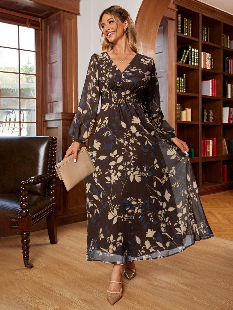 Simplee Apparel Simplee Womens Boho Floral Maxi Dress V Neck Long Sleeve Wedding Guest Dress Flowy Holiday Empire Waist Long Dresses (Small Brown) - Image 3