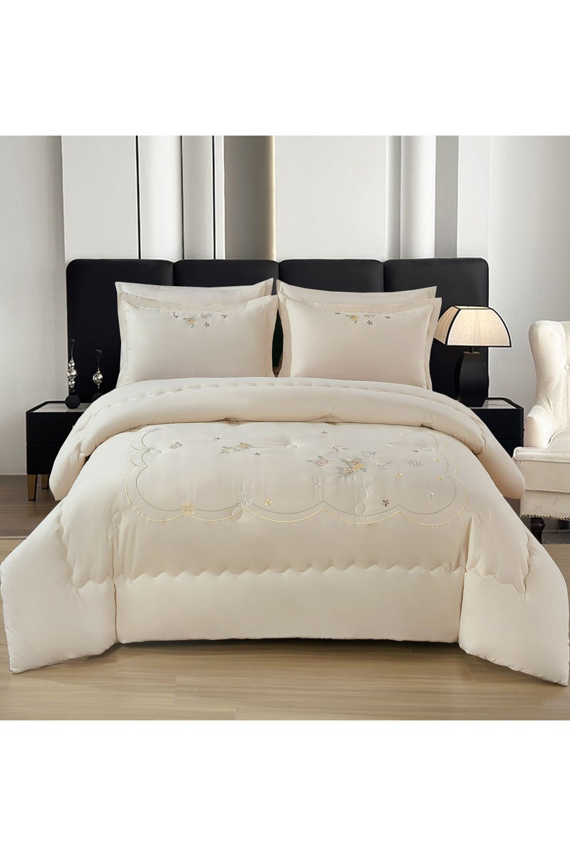 Comfy King Size Royalty Collection Floral Embroidered Cream Cotton 6Pc Comforter Set