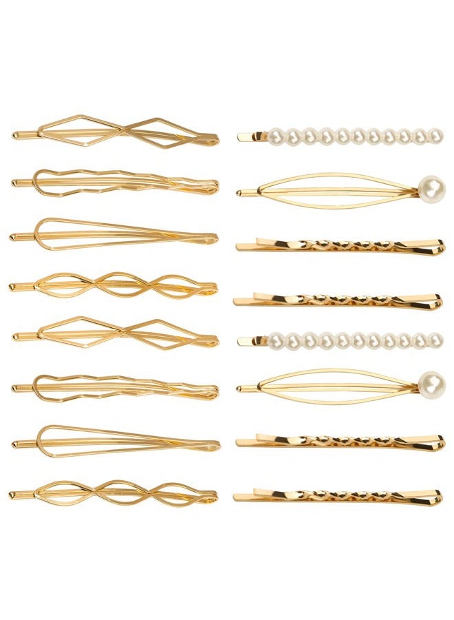 SUMAJU 16 Pieces Geometric Metal Hair Pins, Pearls Hair Clips Elegant Hair Barrettes Bridal Gold Metal Bobby Pins Dainty Embellished Bobby Pins for Woman and Girls - Image 1
