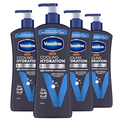 Vaseline Men Cooling Hydration 3-in-1 4 Pack for Dry Skin Face, Hands & Body Lotion for Men with Menthol & Ultra-Hydrating Lipids 20.3 oz - Image 1