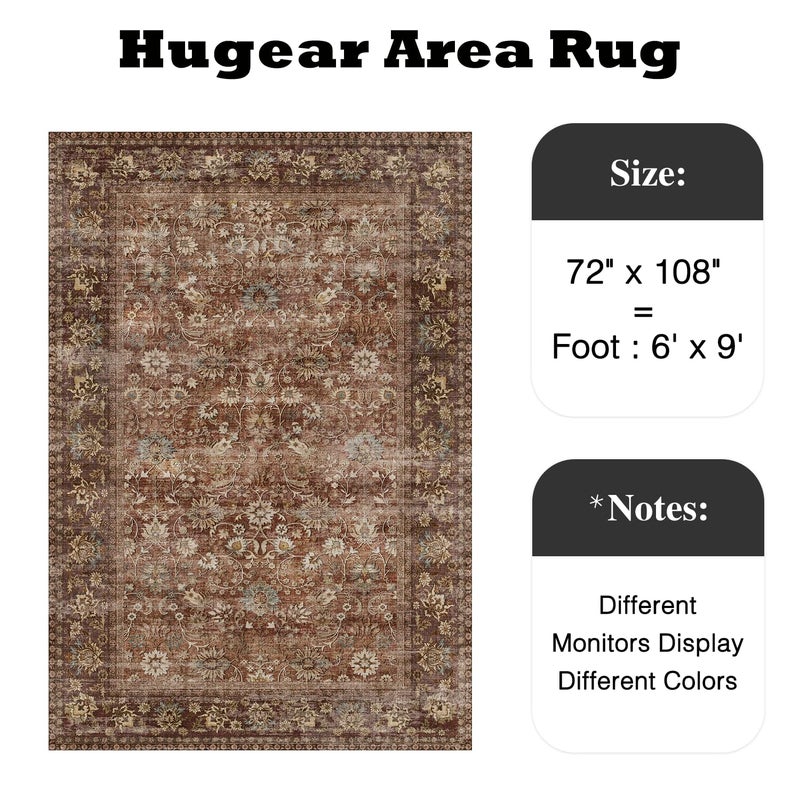 HUGEAR 6x9 Machine Washable Rugs Brick Red Hallway Large Area Rug Indoor Accent Rug Floral Low Pile Carpet Soft Throw Aesthetic Rug Bedroom Living Room Office Dining Room Kitchen Laundry Room - Image 2