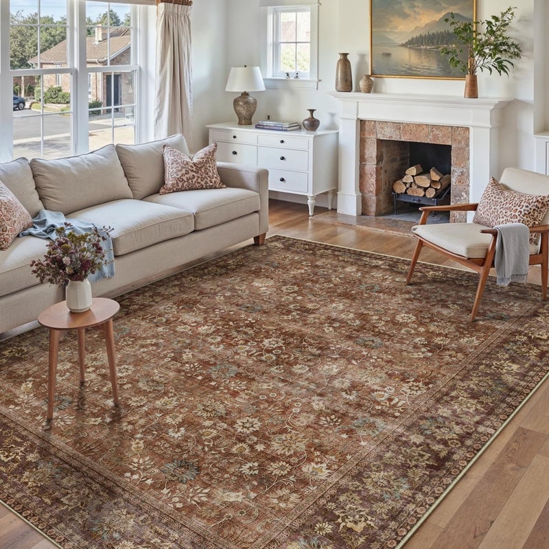 HUGEAR 6x9 Machine Washable Rugs Brick Red Hallway Large Area Rug Indoor Accent Rug Floral Low Pile Carpet Soft Throw Aesthetic Rug Bedroom Living Room Office Dining Room Kitchen Laundry Room - Image 3