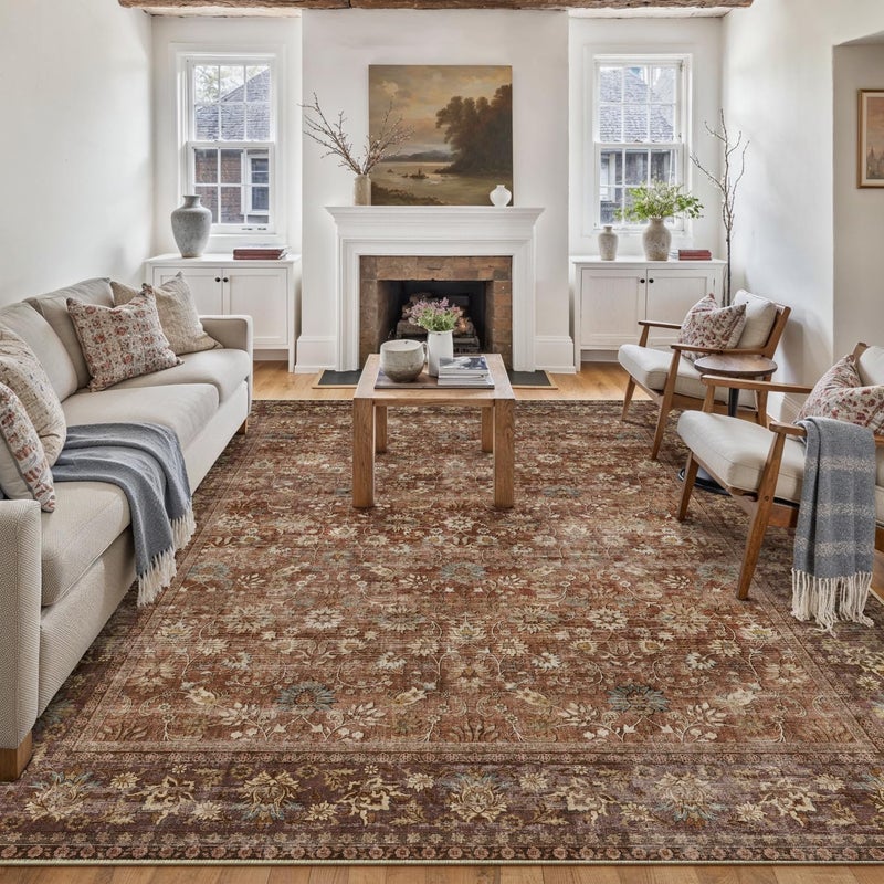 HUGEAR 6x9 Machine Washable Rugs Brick Red Hallway Large Area Rug Indoor Accent Rug Floral Low Pile Carpet Soft Throw Aesthetic Rug Bedroom Living Room Office Dining Room Kitchen Laundry Room - Image 1