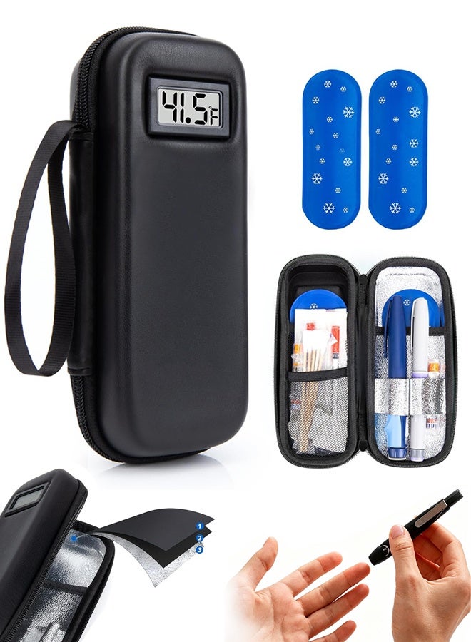 GD Insulin Cooler Travel Case with Temperature Display Small Compact Fridge Cooler Medicine Bag with 2 Reusable Ice Pack - 6-8 Hours Cooling Medication Pens Diabetic Supplies Storage Case for Travel & Daily Use - Image 1
