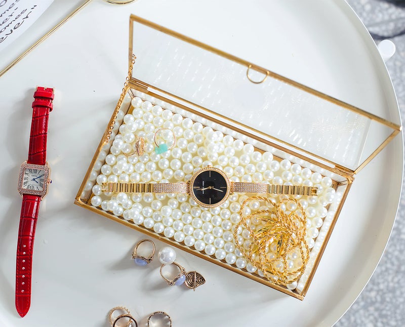 Levilan Golden Vintage Glass Lidded Box Edge Bracelet Keepsake Decorative Jewelry Display Personalized Large Clear Rectangle Box Rings Bracelet Golden Organizer Home Decor (8x4.5x2in) - Image 3