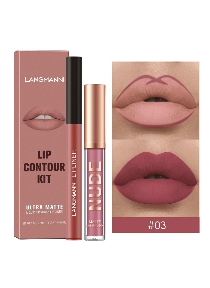 LANGMANNI - 2-Piece Set Cross-Border Makeup Lip Gloss and Lip Liner Duo Non-Sticky Matte Lip Kit - Image 1