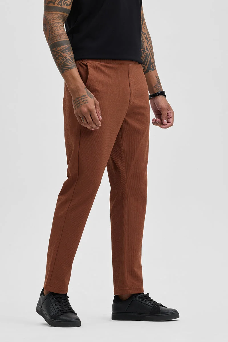 Brown Textured Regular Fit Casual Trousers
