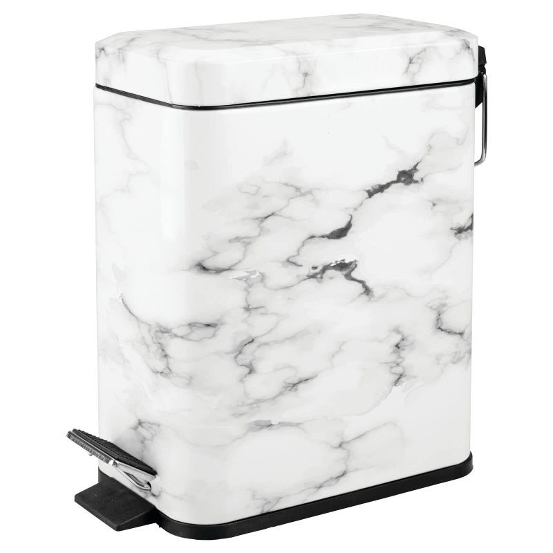 mDesign Small Modern 13 Gallon Rectangle Metal Lidded Step Trash Can Compact Garbage Bin with Removable Liner Bucket and Handle for Bathroom Kitchen Craft Room Office Garage White Marble