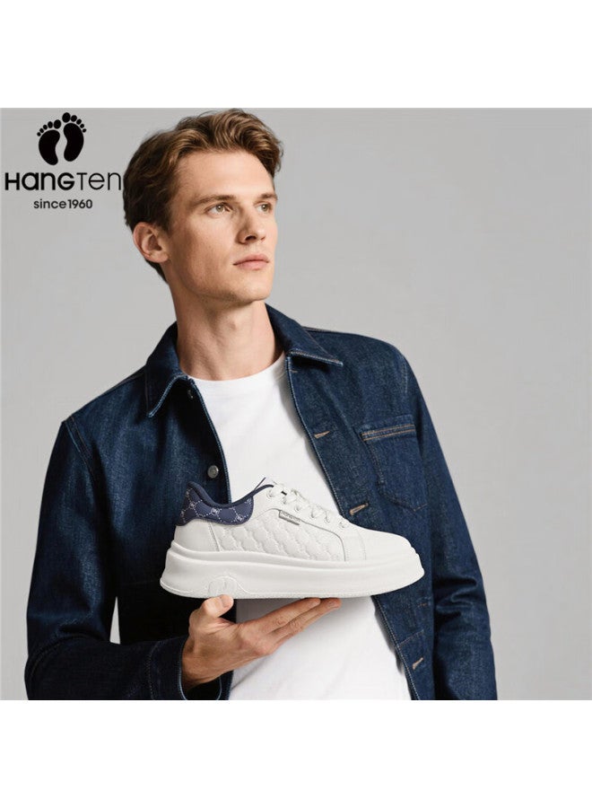 Hang Ten Men's Trendy Casual Embossed White Sneakers, Spring New Low-top Thick-soled Casual Shoes, Light Blue, Size 39 - Image 2