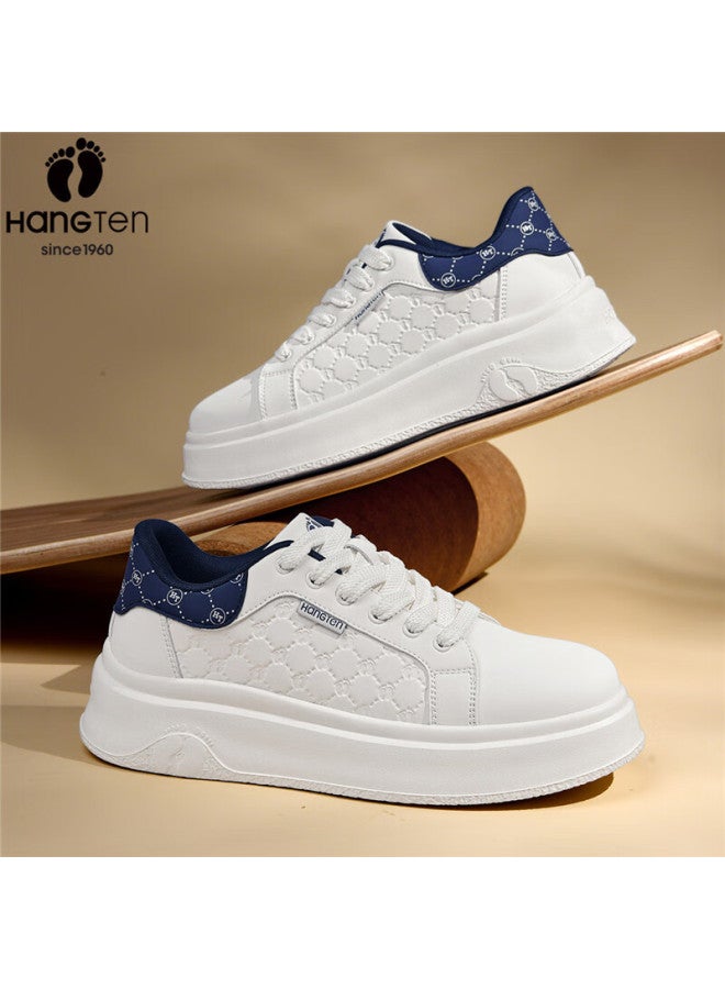 Hang Ten Men's Trendy Casual Embossed White Sneakers, Spring New Low-top Thick-soled Casual Shoes, Light Blue, Size 39 - Image 1