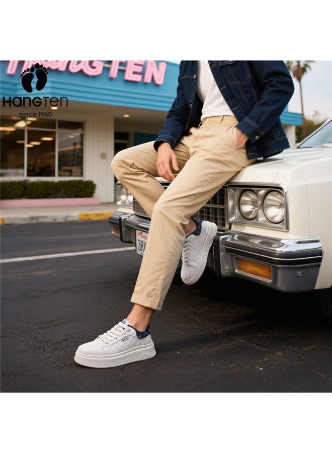 Hang Ten Men's Trendy Casual Embossed White Sneakers, Spring New Low-top Thick-soled Casual Shoes, Light Blue, Size 39 - Image 3