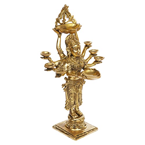 Kartique Brass Standing Lady with Eight Diya for Home Entrance Decor Puja Room Meenakshi Devi Holding Oil Lamp Deep Laxmi Deepak Deepam Diwali Gift Height 15 Inch Gold Color - Image 4